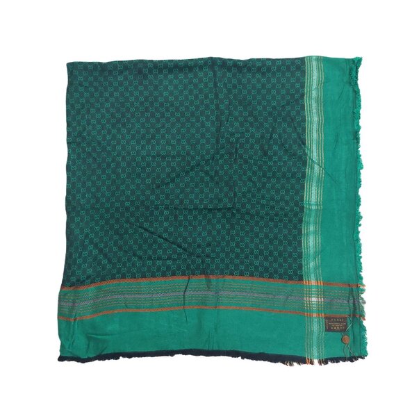 Gucci Vintage Green Dual-Tone Monogram Orange Stripe Reversible Shawl Wrap Scarf - Picture 5 of 15